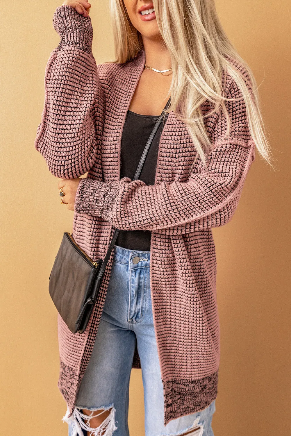 Apricot Plaid Knitted Long Open Front Cardigan