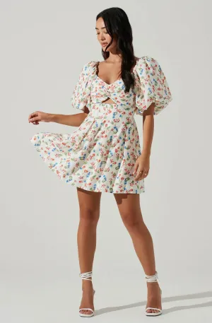 AST SERILDA CUTOUT PUFF SLEEVE FLORAL MINI DRESS