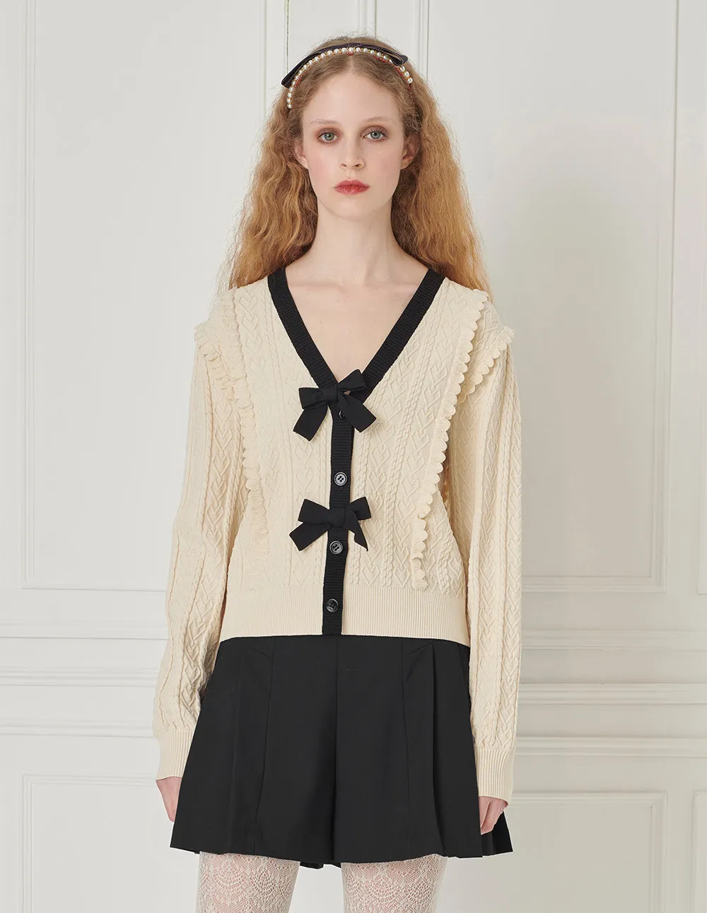 BORA AKSU Contrasting Color Bow Buttons Knitted Cardigan