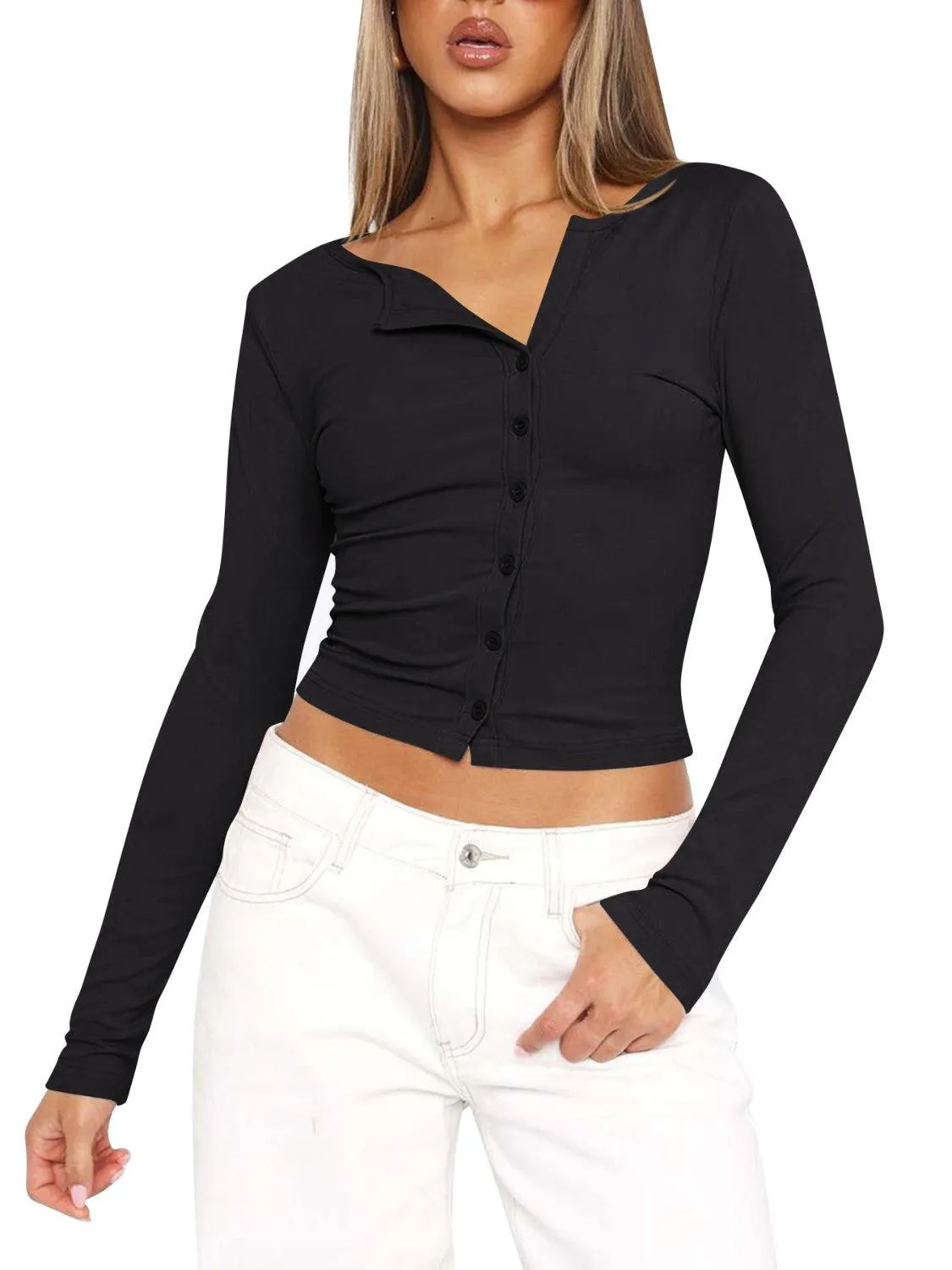 Button Up Round Neck Long Sleeve T-Shirt