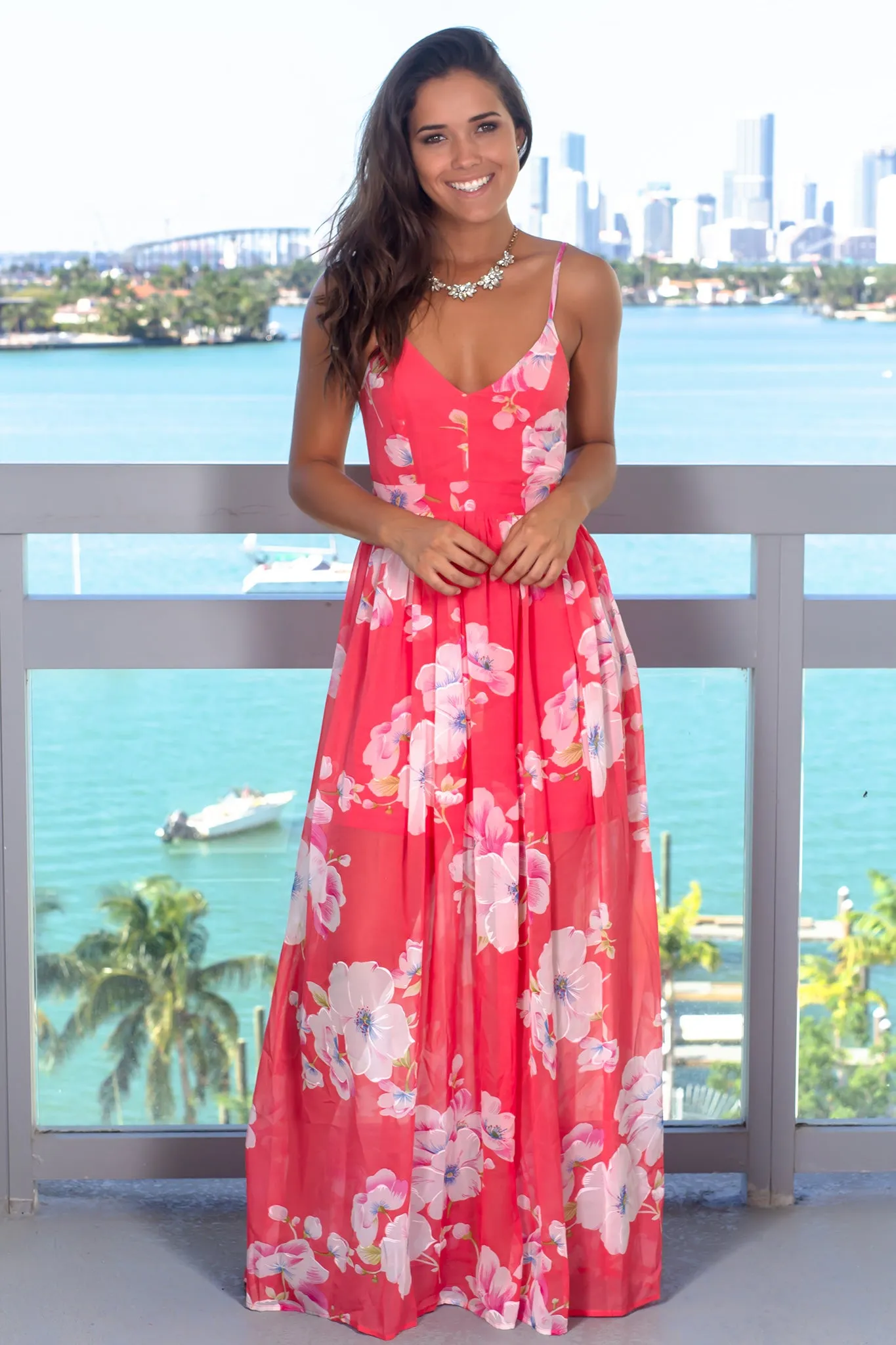 Coral V-Neck Floral Maxi Dress with Open Back