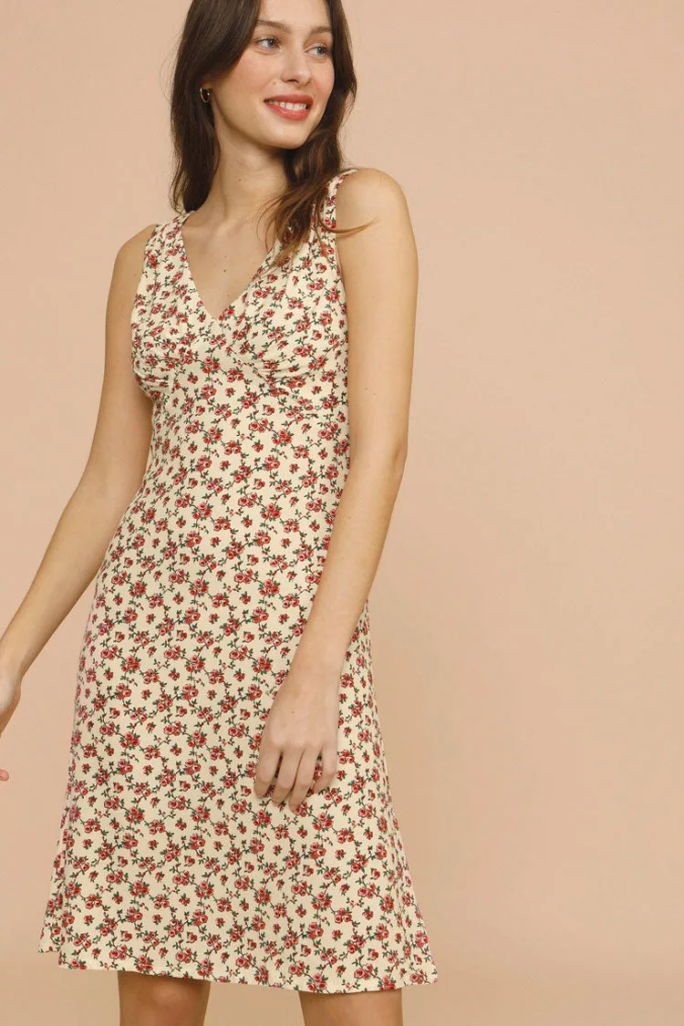 Ditsy Printed V Neck Sleeveless French Midi Sundress - Cream