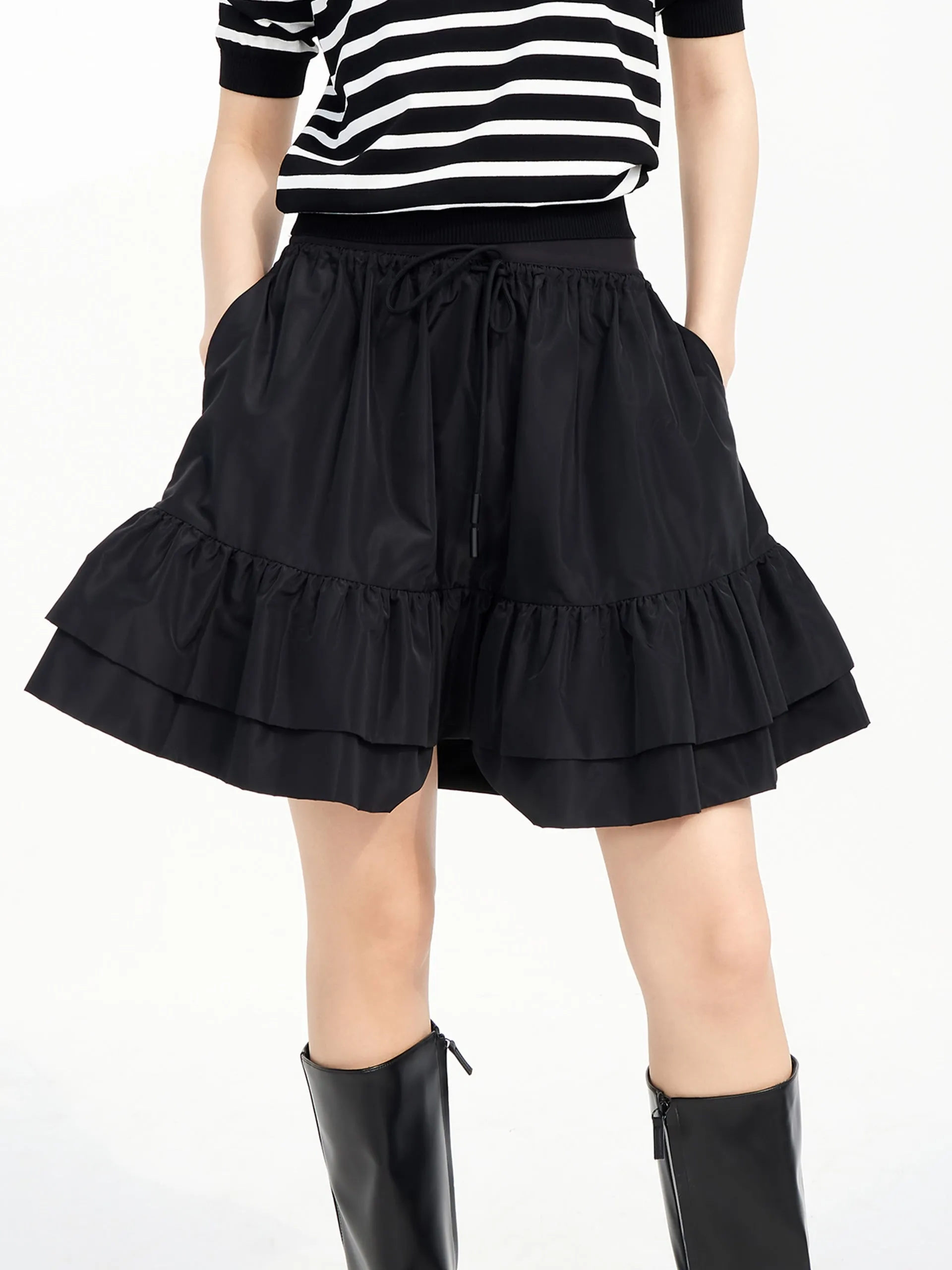 Drawstring Pleated A-Line Skirt