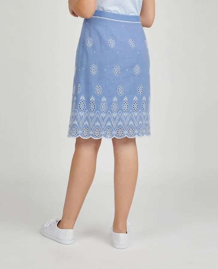 Embroidery and Cutwork Linen A-Line Skirt