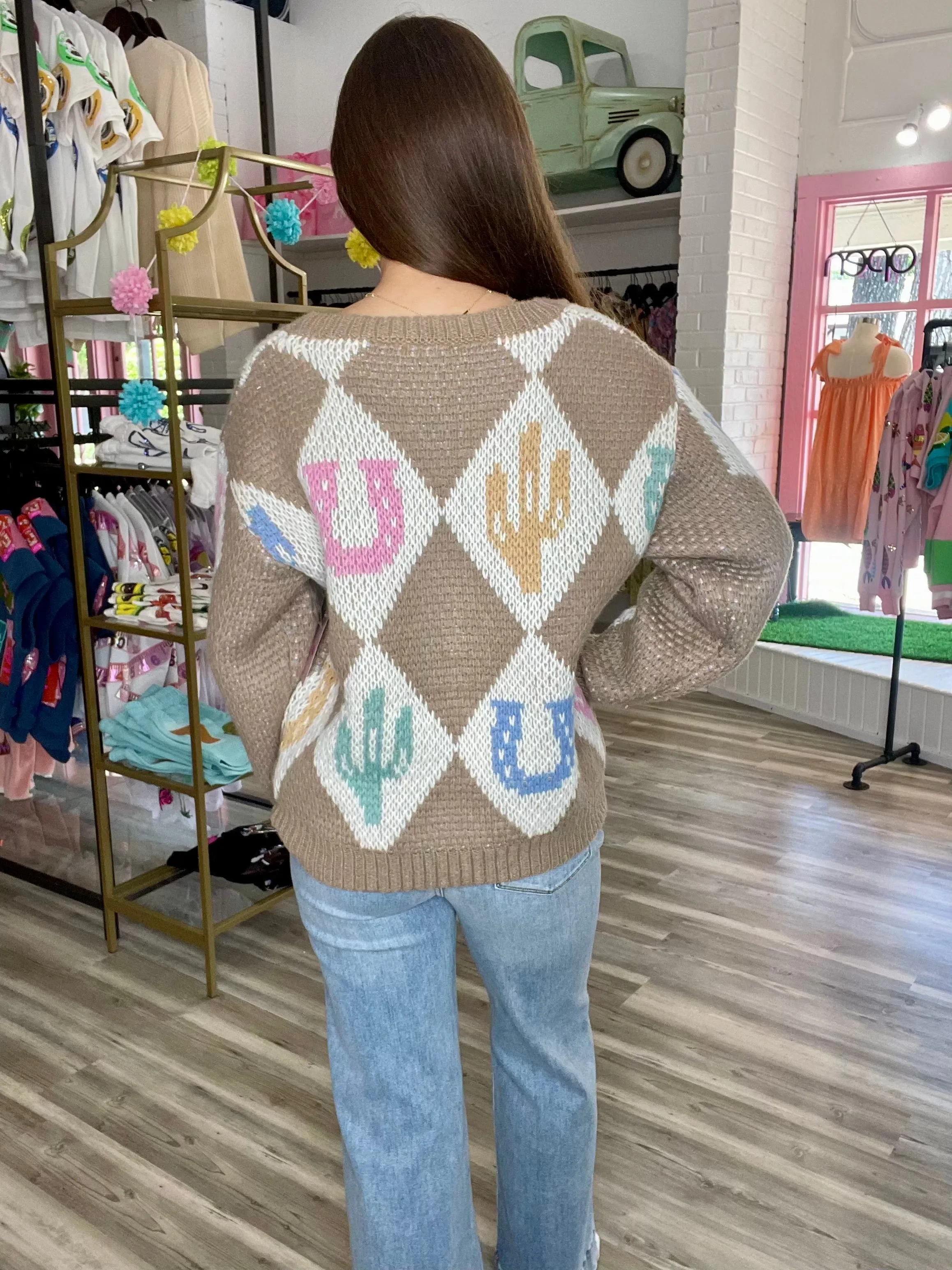 Fleur Diamond and Rodeo Knit Cardigan Tan