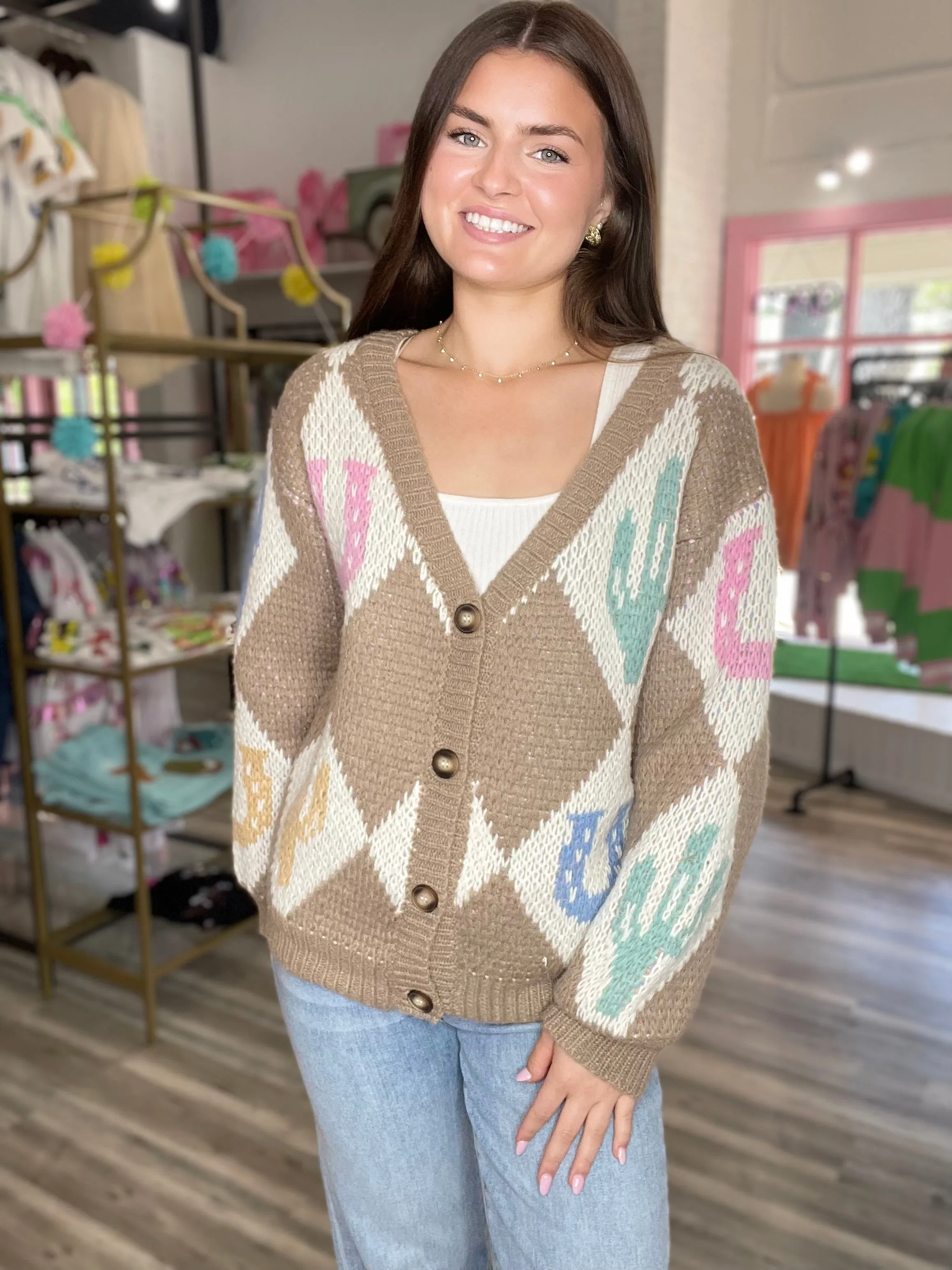 Fleur Diamond and Rodeo Knit Cardigan Tan