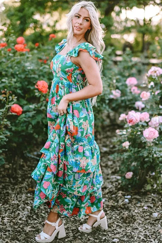 Floral Print Sleeveless Ruffle Tiered Maxi Dress