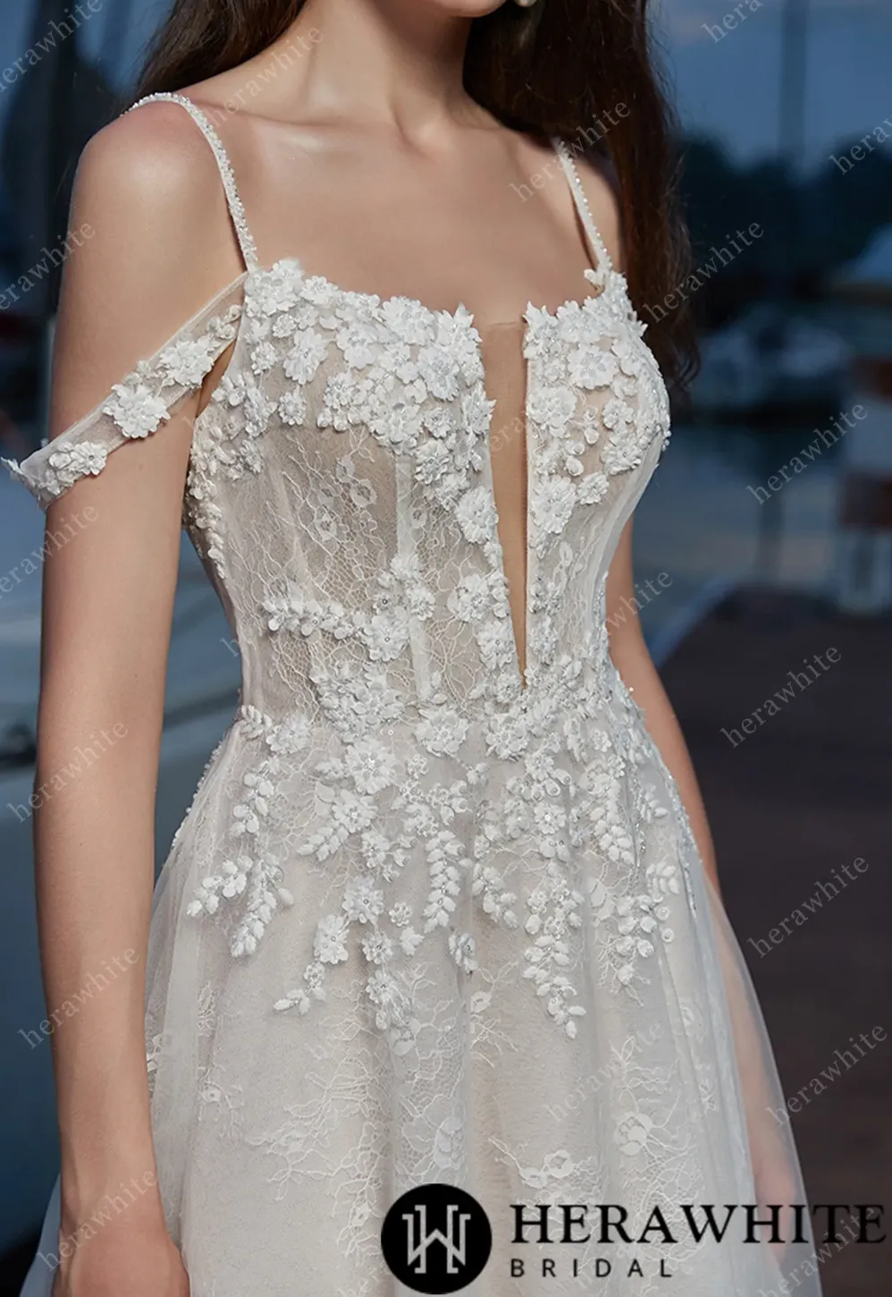 Floral V-Neck Wedding Dress with Corset Back