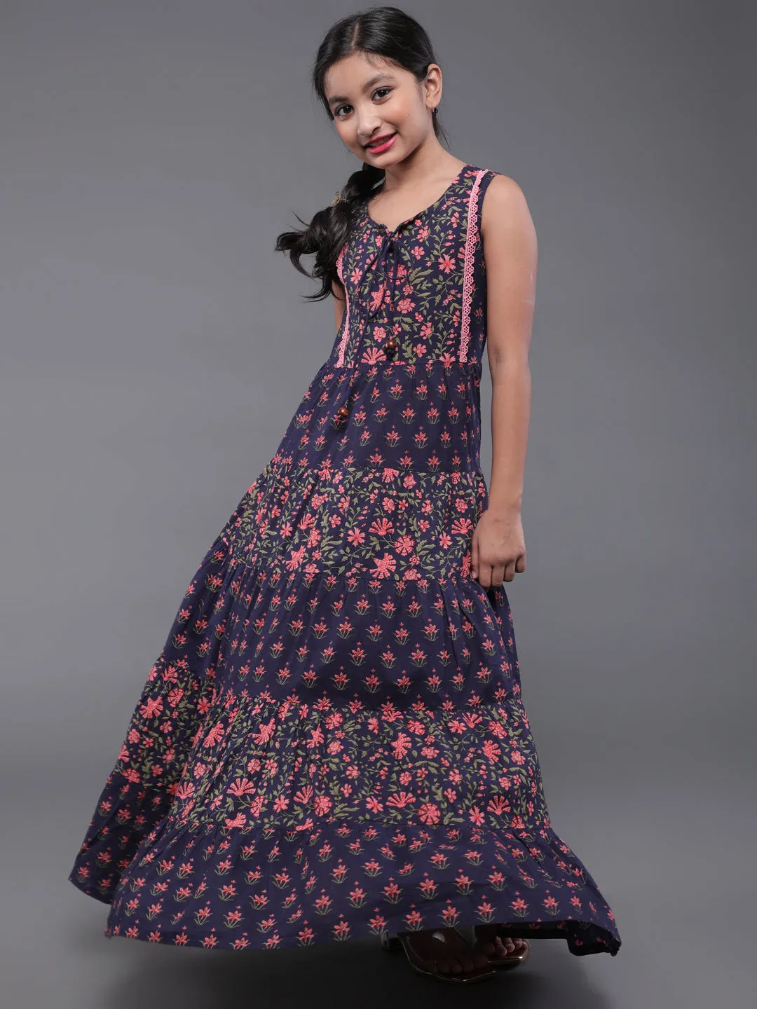 Girl's Blue & Pink Floral Printed Flared Maxi Dress - Aks Girls