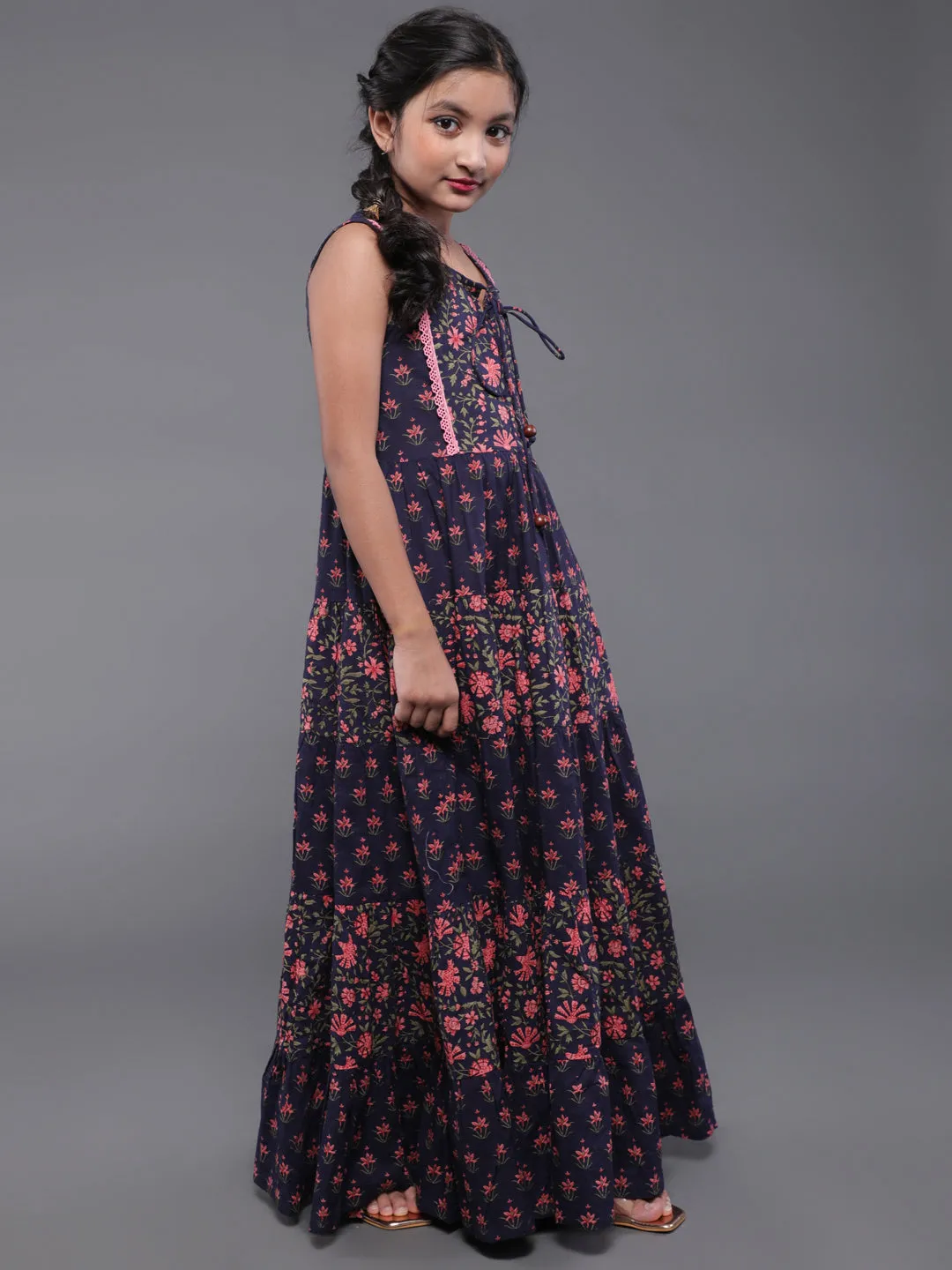 Girl's Blue & Pink Floral Printed Flared Maxi Dress - Aks Girls