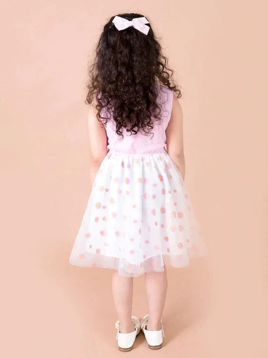 Girls Pink Green Floral Print Fit And Flare Dress - Ps Peaches