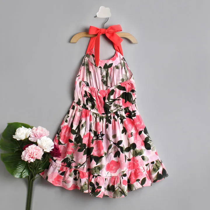 Girls Pink Green Floral Print Fit And Flare Dress - Ps Peaches