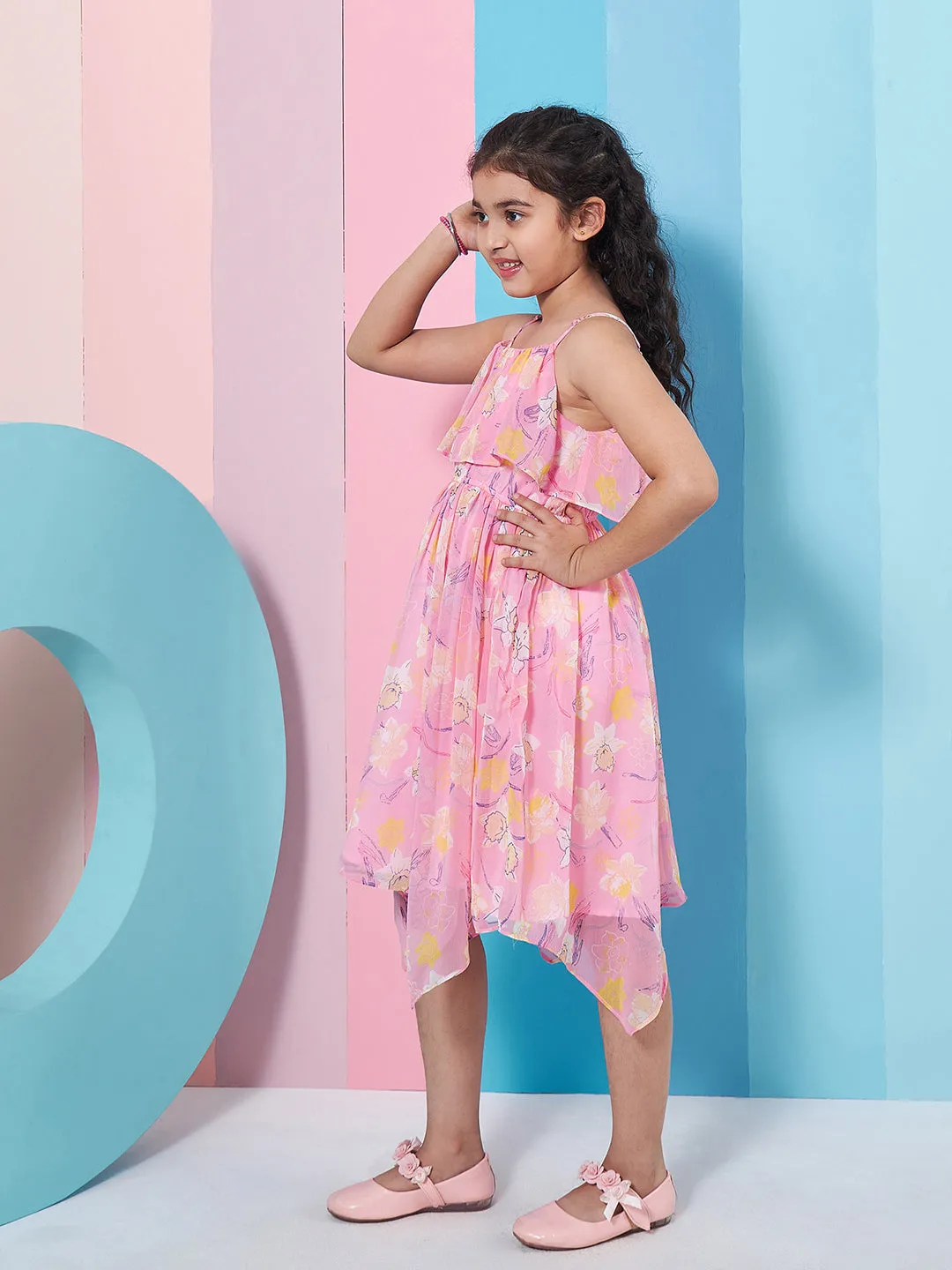 Girls Shoulder Straps Sleeveless Floral Print Empire Dress - PS Peaches