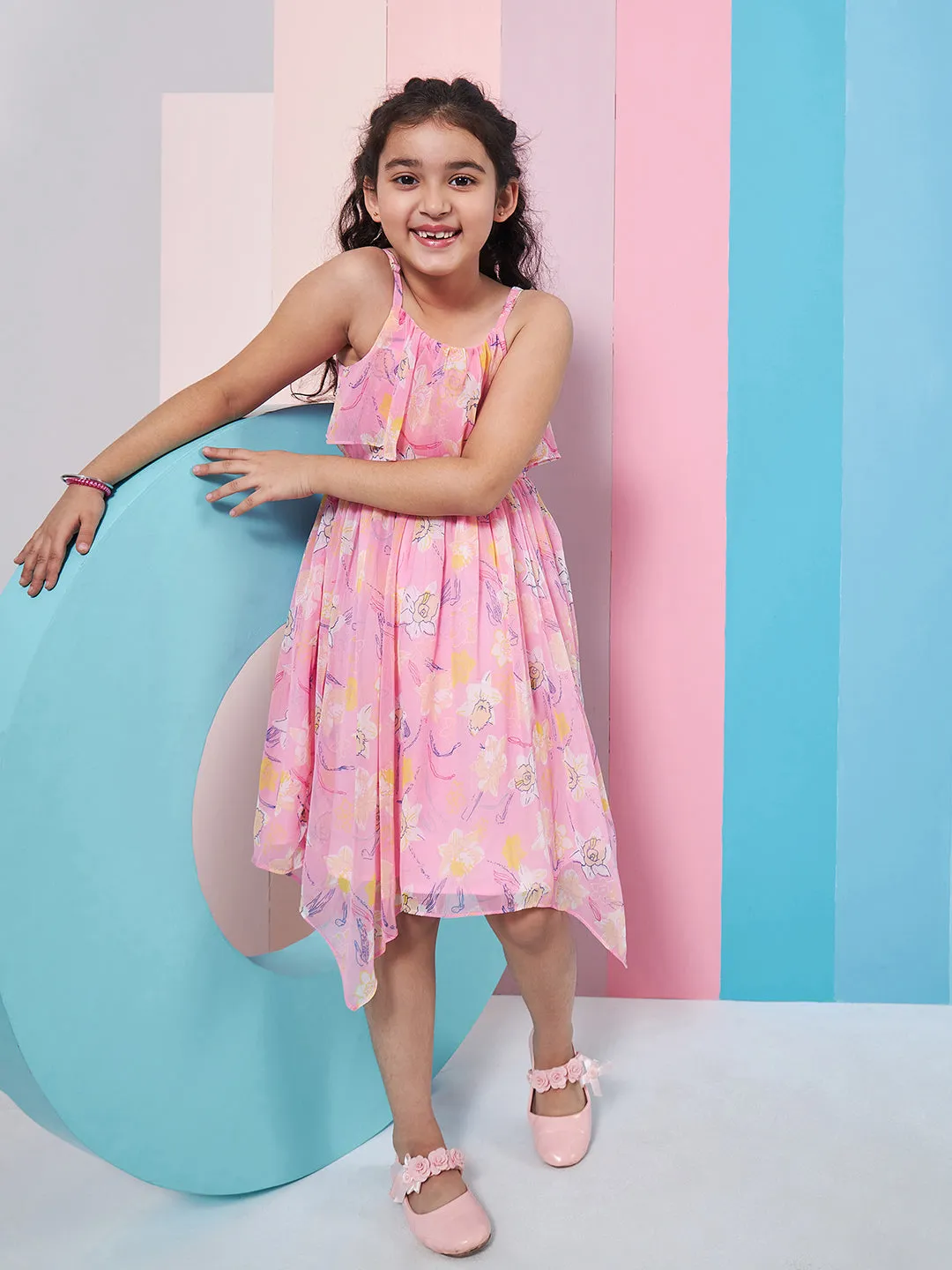 Girls Shoulder Straps Sleeveless Floral Print Empire Dress - PS Peaches