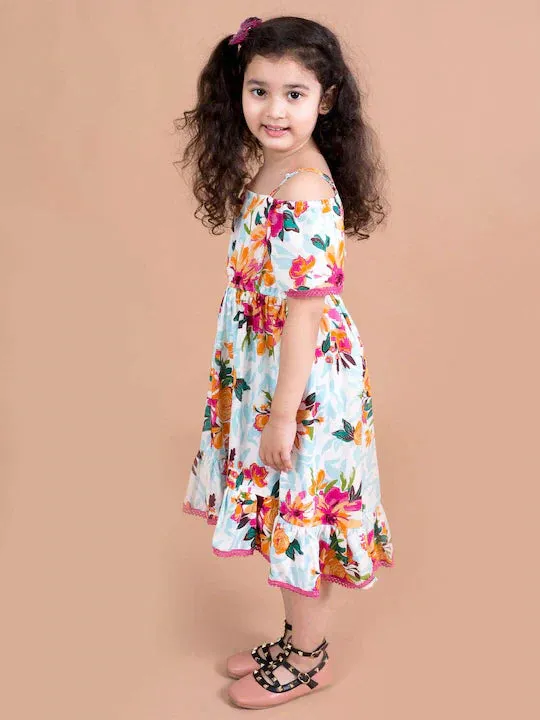 Girls White Blue Floral Print Fit Flared Dress - Ps Peaches