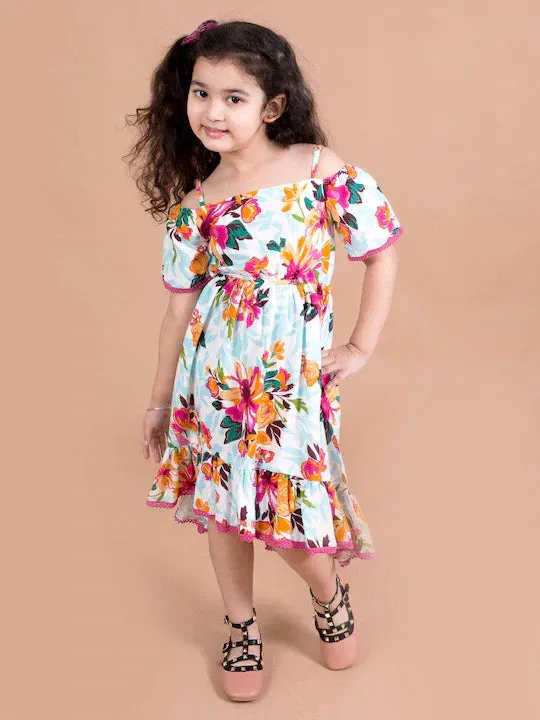 Girls White Blue Floral Print Fit Flared Dress - Ps Peaches