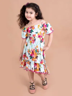 Girls White Blue Floral Print Fit Flared Dress - Ps Peaches