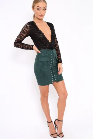 Green Lace Up Suedette Mini Skirt - Lotty