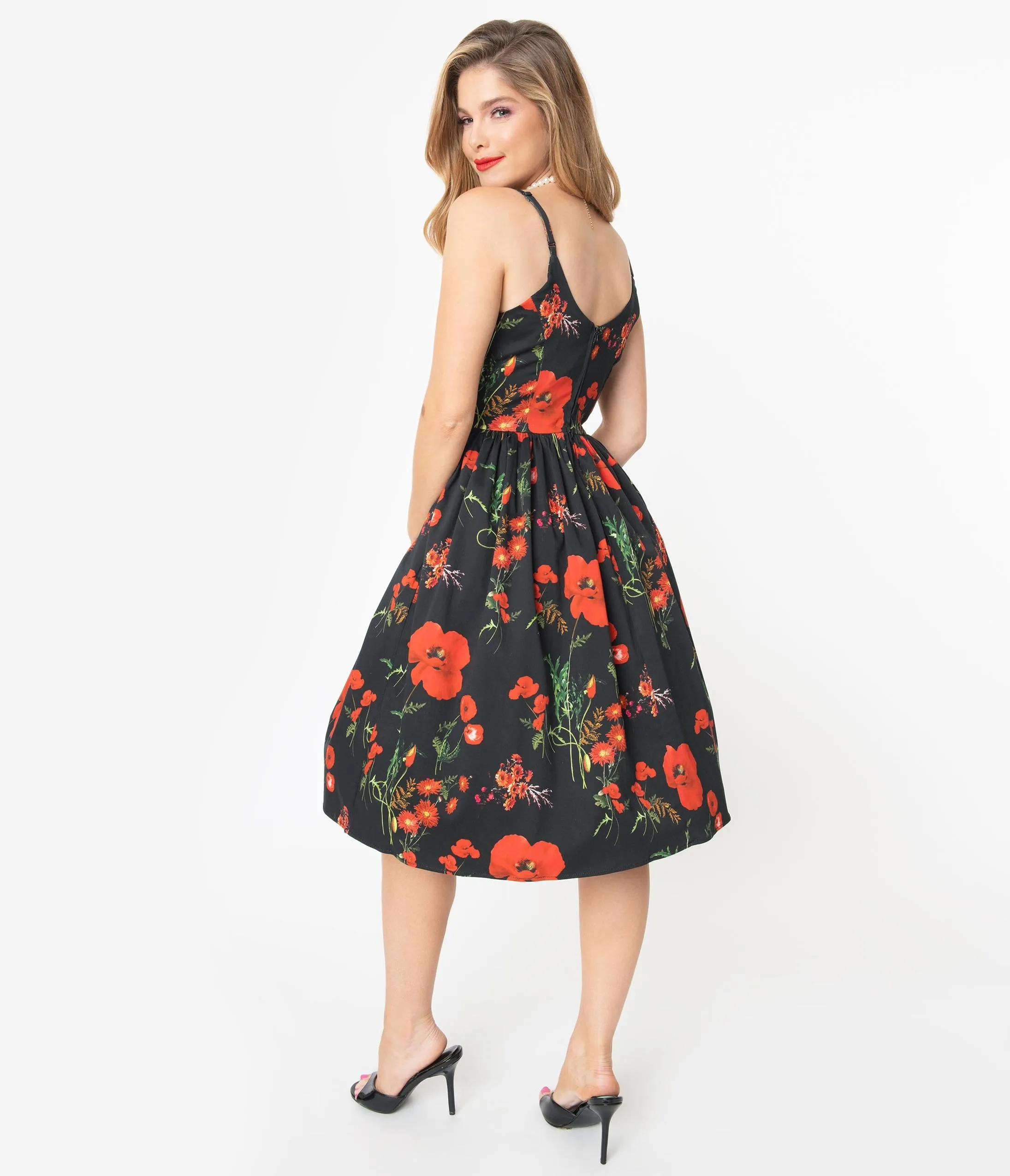 Hell Bunny Black & Red Poppy Print Swing Dress