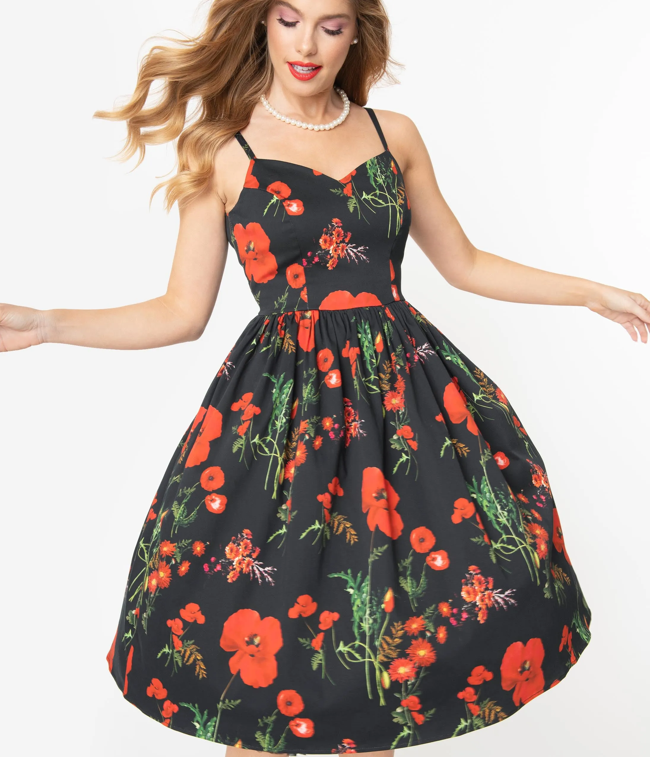 Hell Bunny Black & Red Poppy Print Swing Dress