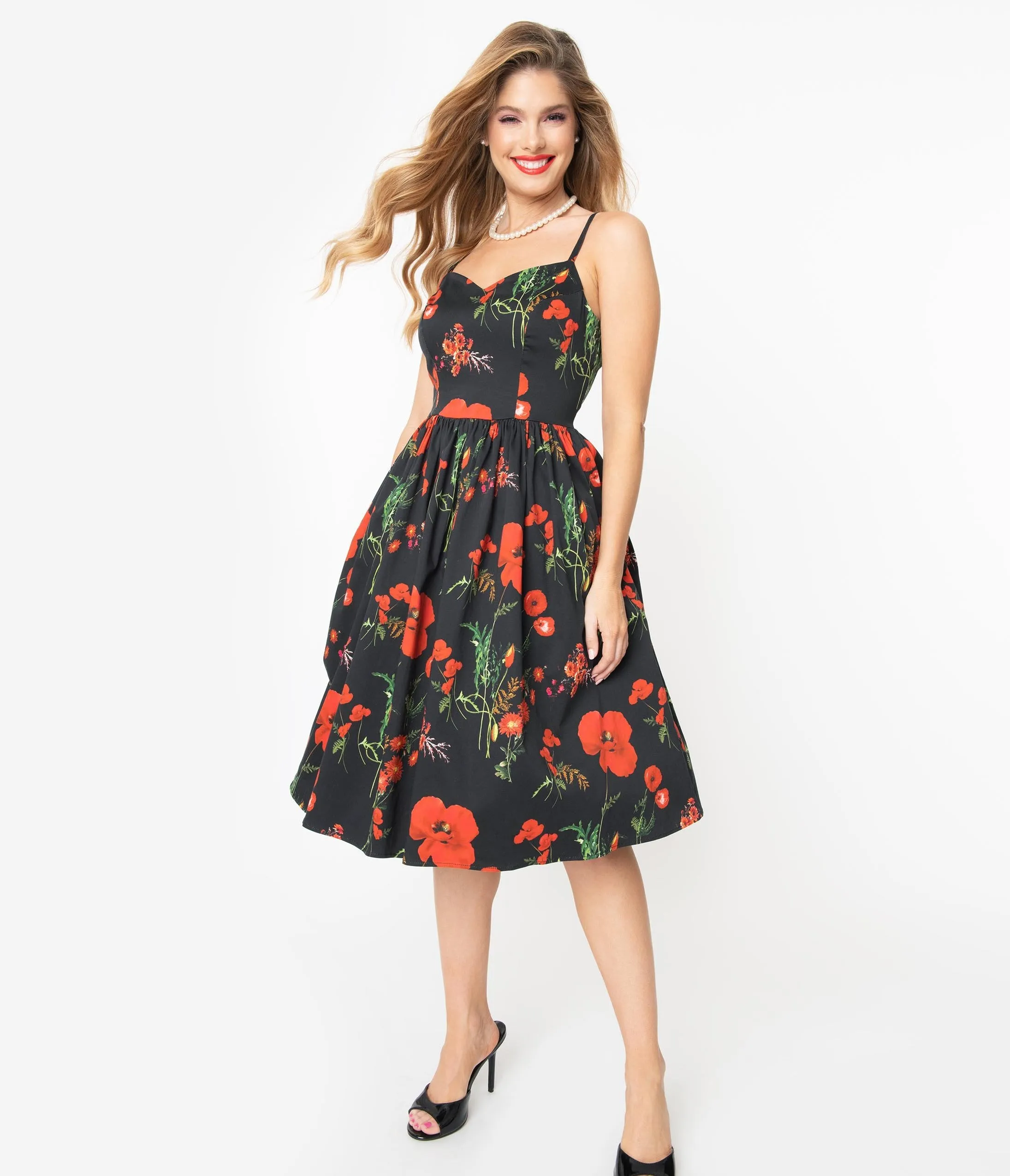 Hell Bunny Black & Red Poppy Print Swing Dress