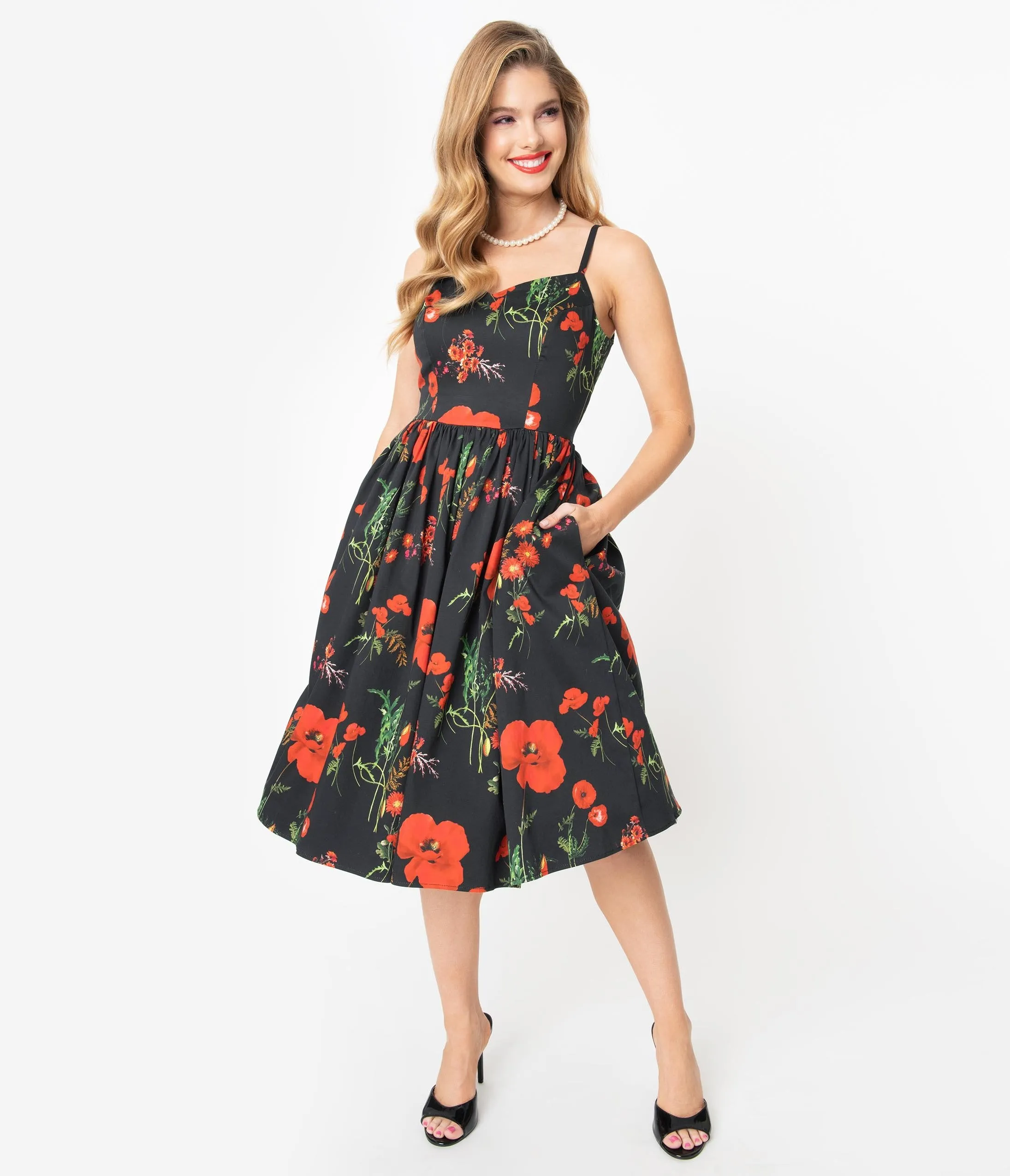 Hell Bunny Black & Red Poppy Print Swing Dress