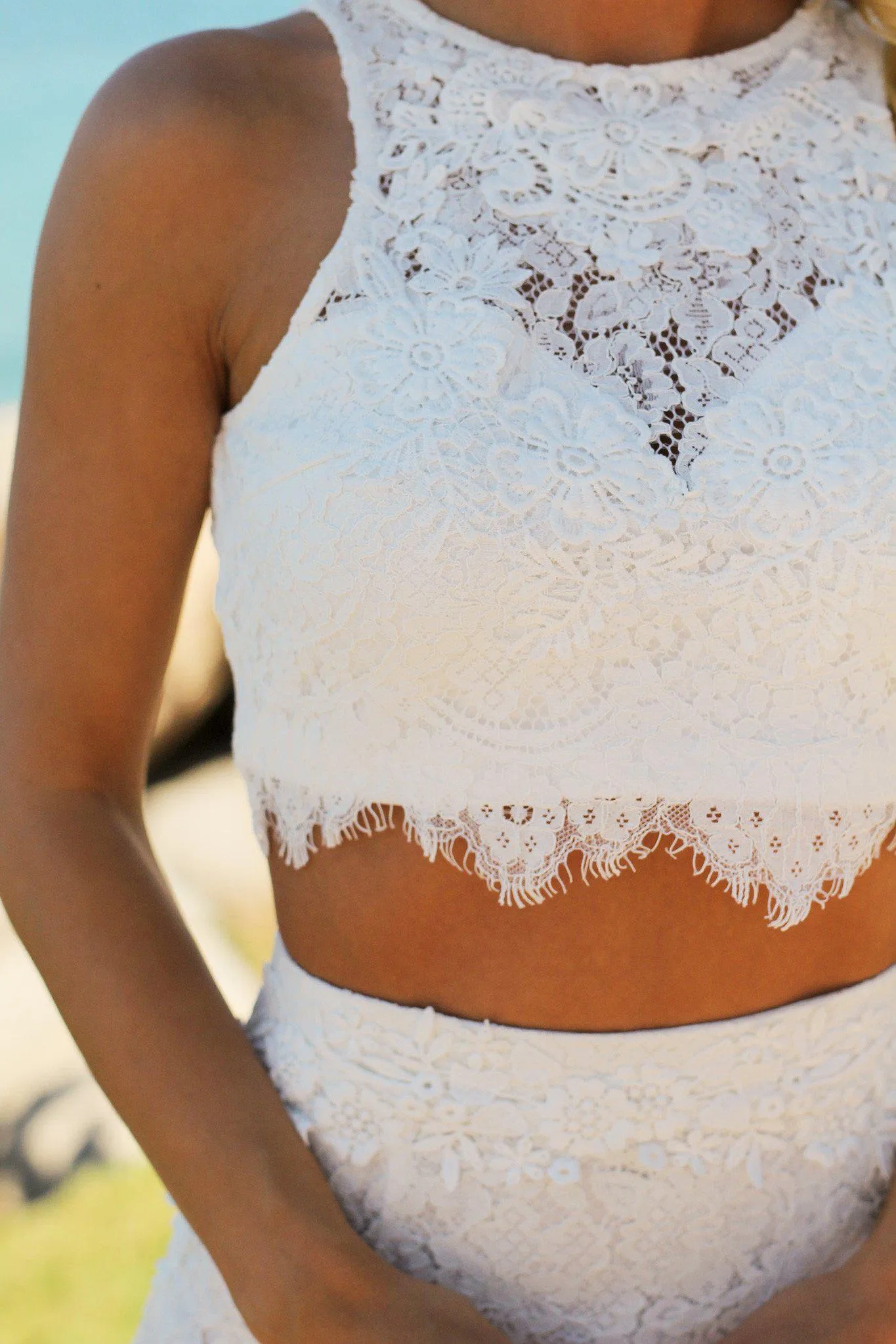 Ivory Lace Crop Top and Skirt Set