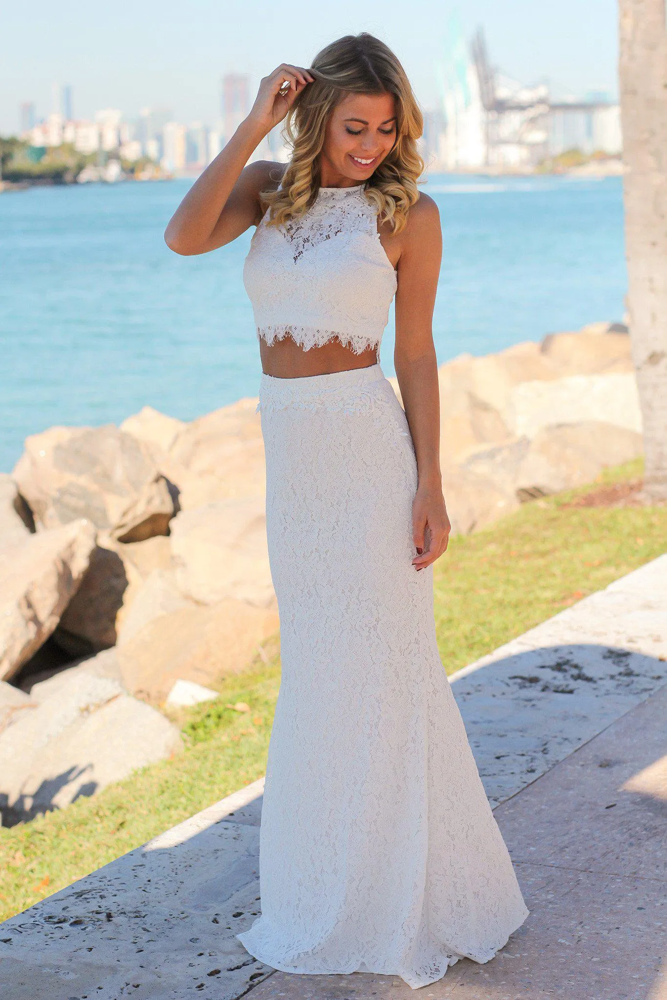 Ivory Lace Crop Top and Skirt Set