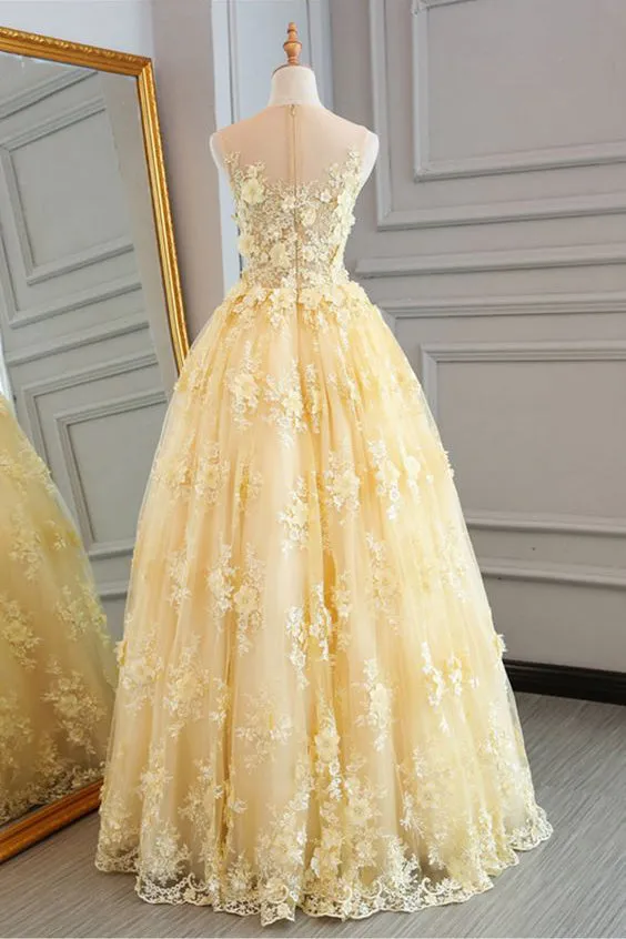 kamahe Yellow Sheer Neck Tulle Lace Floral Floor Length Prom Dresses