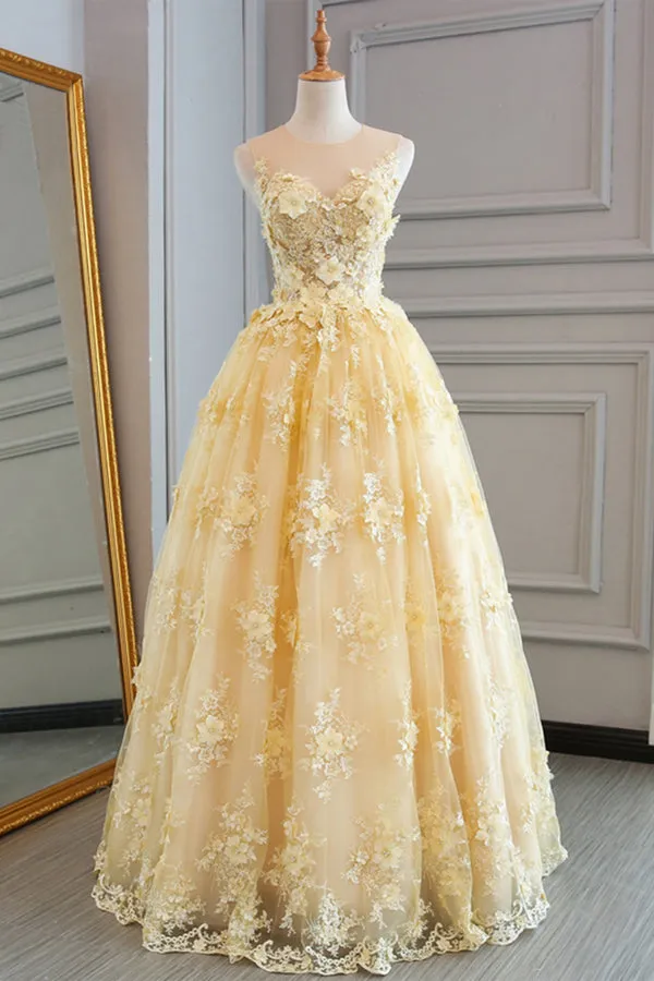 kamahe Yellow Sheer Neck Tulle Lace Floral Floor Length Prom Dresses