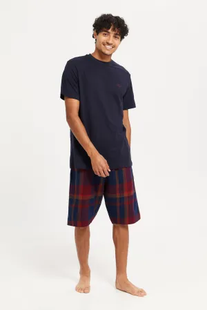 Men Charcoal And Navy Checked Nightwear Set (2 Piece)