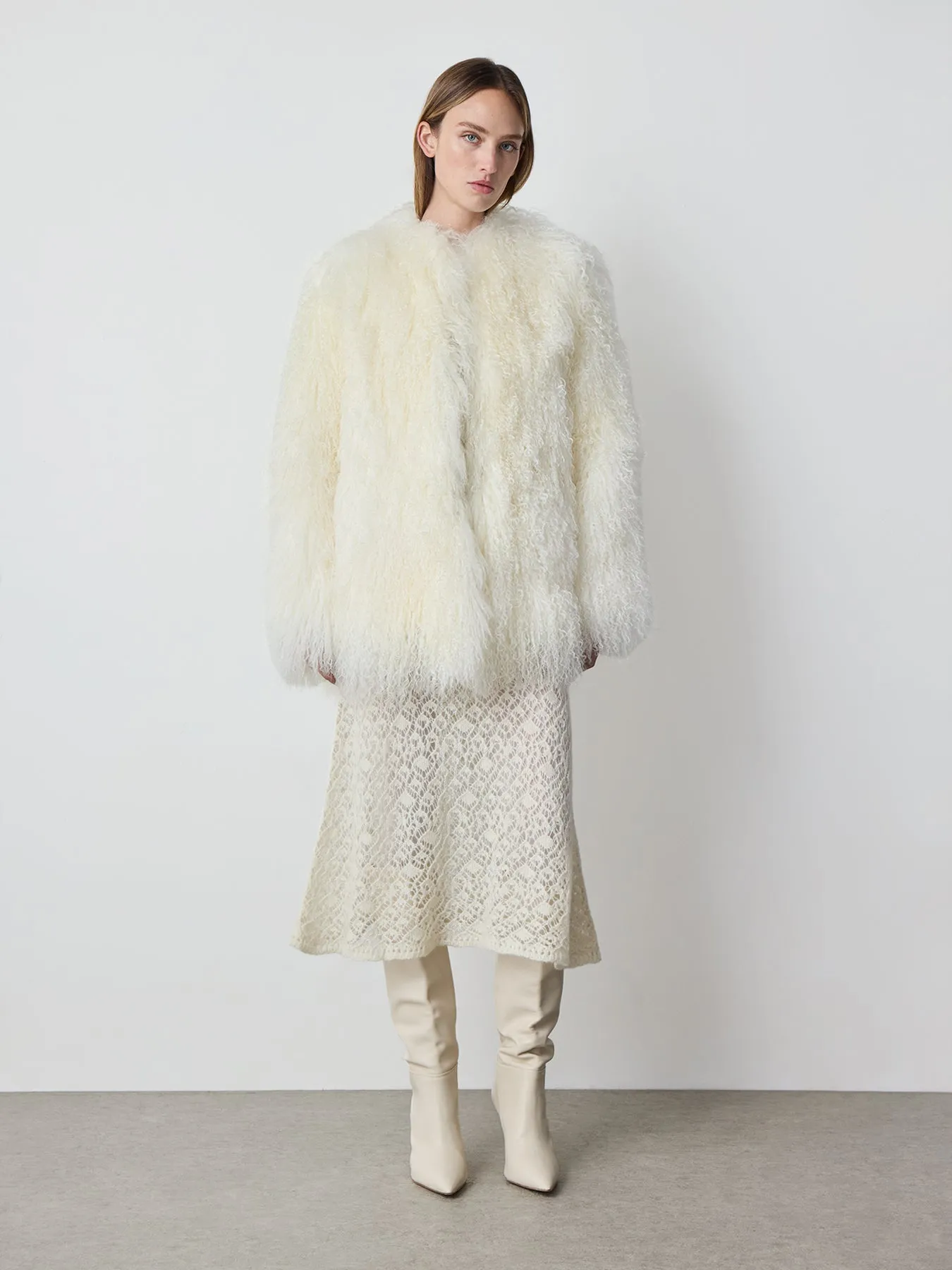 Mongolian Lamb Shearling Coat in Ecru