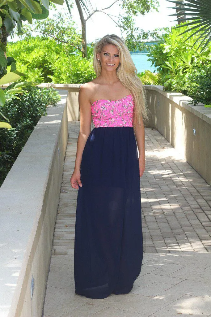 Navy Maxi Dress With Neon Pink Floral Top