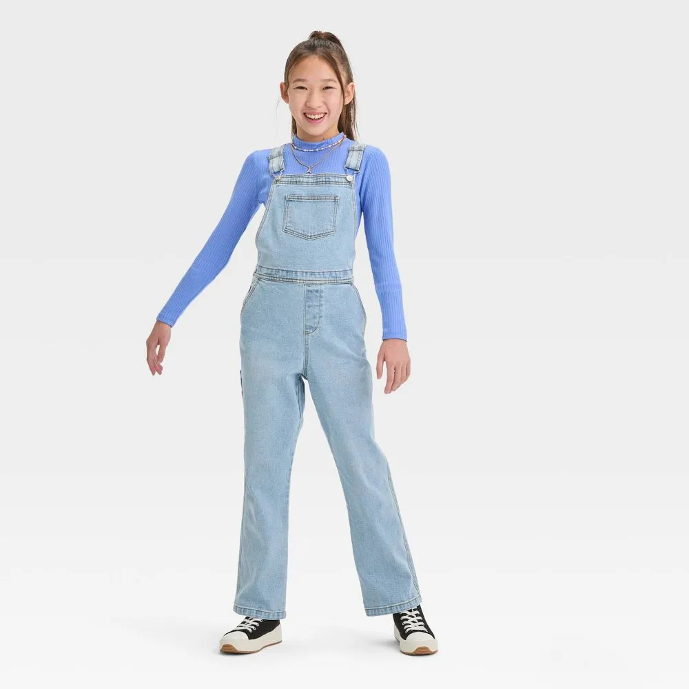 New - Girls' Denim Utility Overalls - art class Light Indigo Blue Wash XL