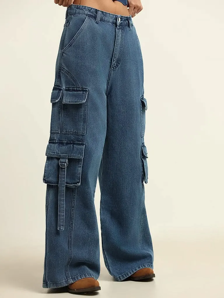 Nuon Blue Relaxed Fit High-Waist Cargo Jeans