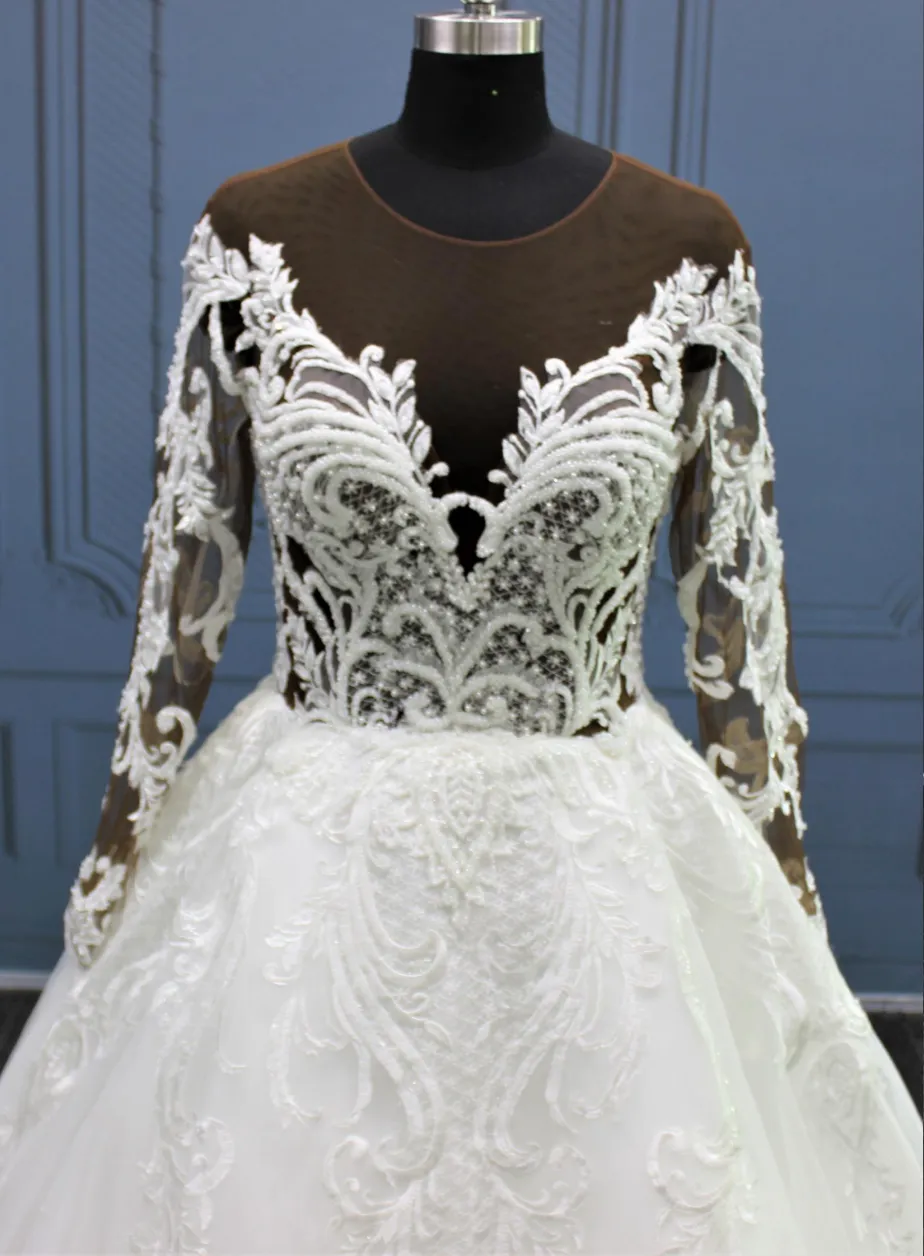 O Net Neckline Lace Bodice A Line Wedding Bridal Gown