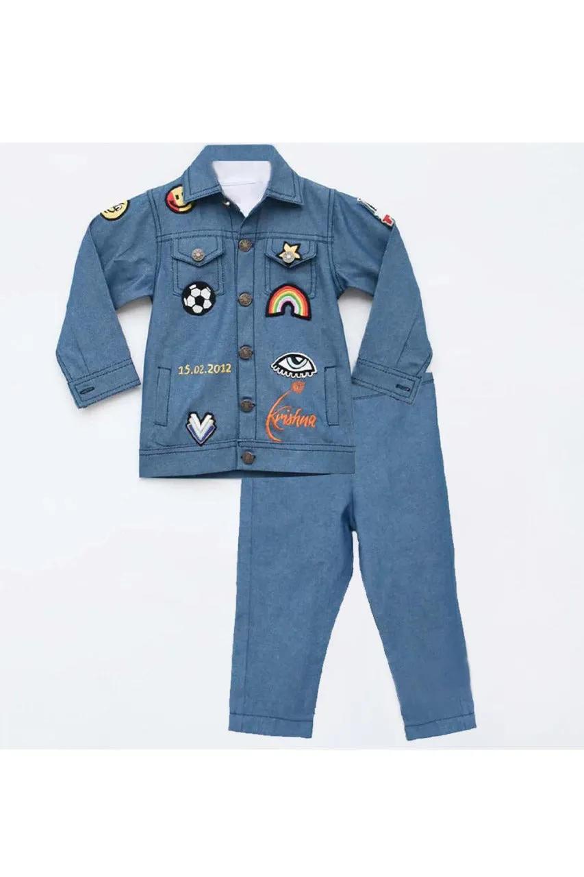 Off White T-Shirt With Blue Denim Jacket And Pant Set