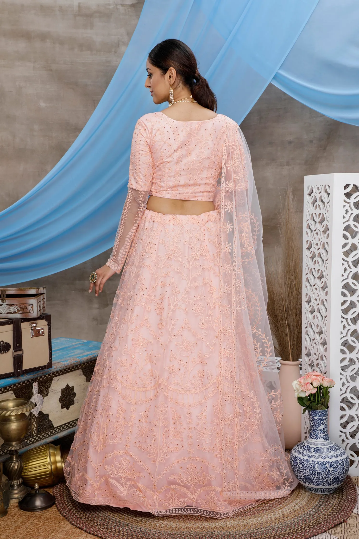 Peach Lehenga Choli Thread embroidered with stone pasting And Bridal Net, Party Wears, Bridesmaid, Indian Tradition Function Lehenga Choli