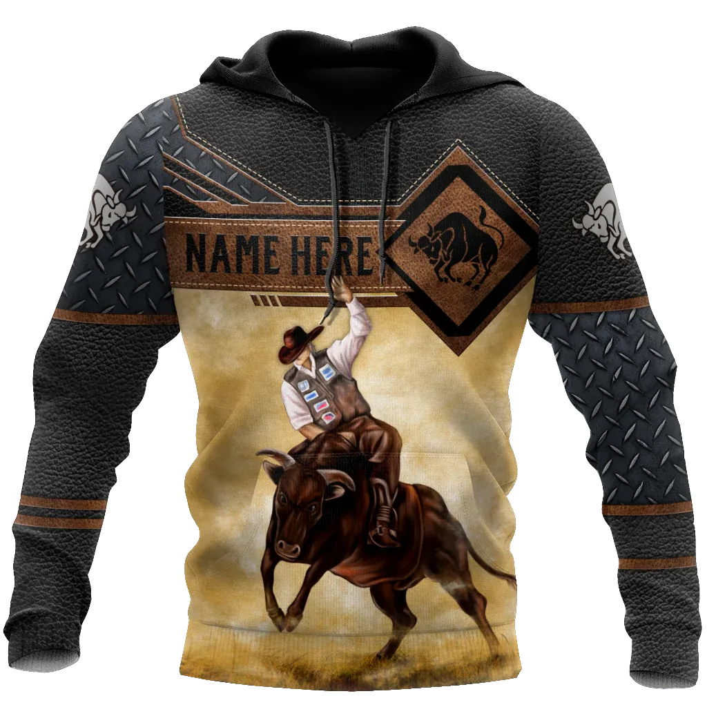 Personalized Cowboy Hoodie In Leather Pattern, Best Hoodie With Bull Riding, Sublimation Bull Hoodie