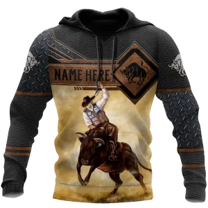 Personalized Cowboy Hoodie In Leather Pattern, Best Hoodie With Bull Riding, Sublimation Bull Hoodie