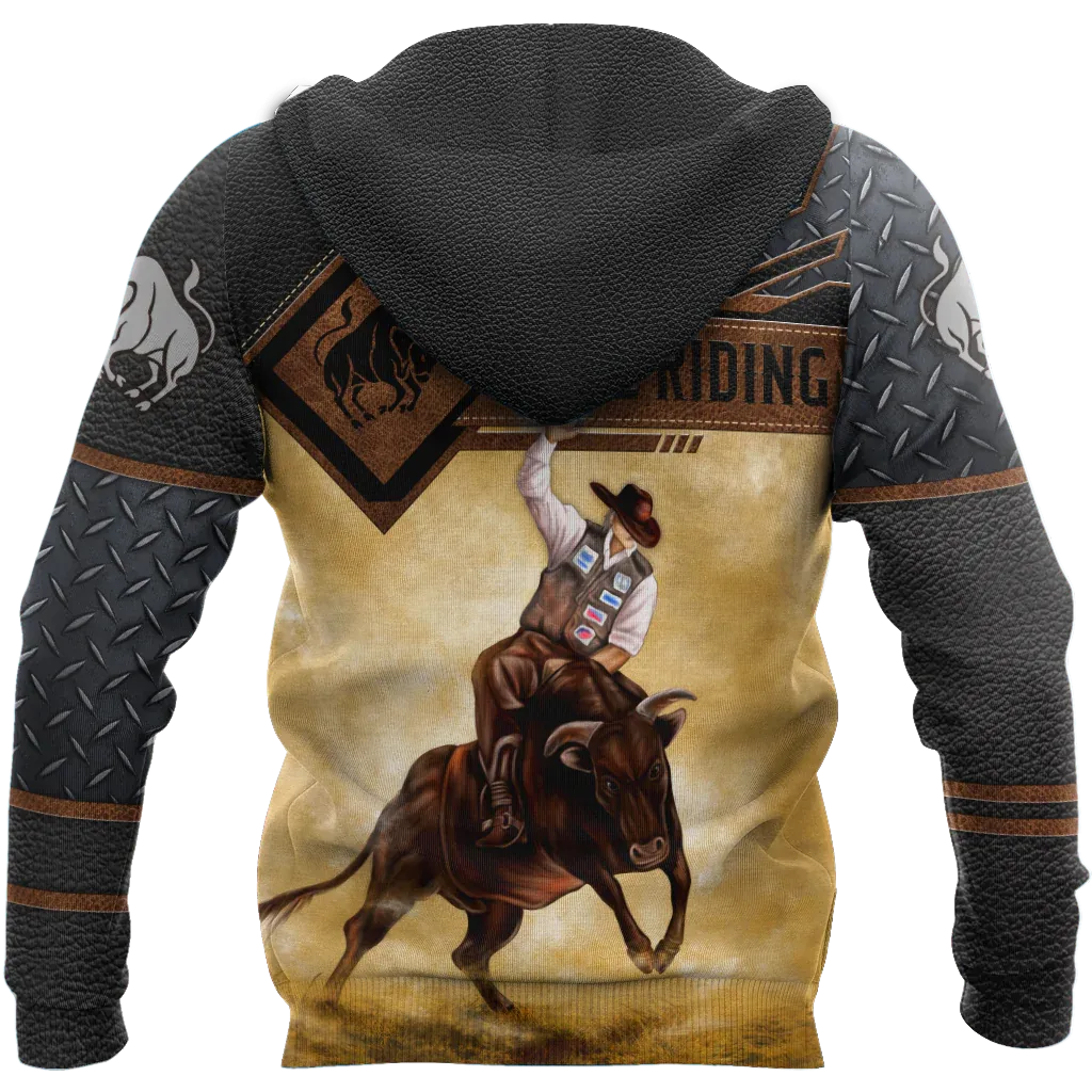 Personalized Cowboy Hoodie In Leather Pattern, Best Hoodie With Bull Riding, Sublimation Bull Hoodie