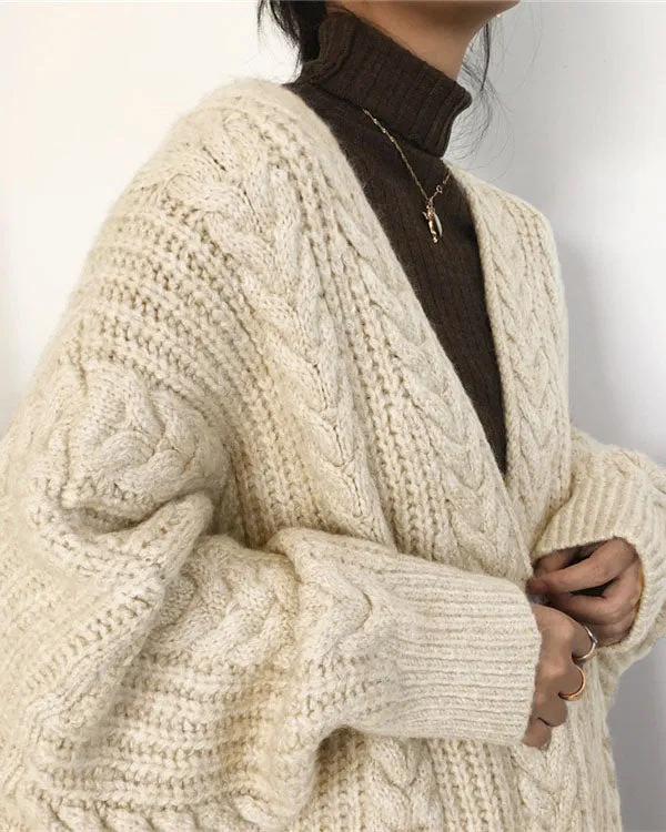 Retro simple thickened loose twist long knitted cardigan