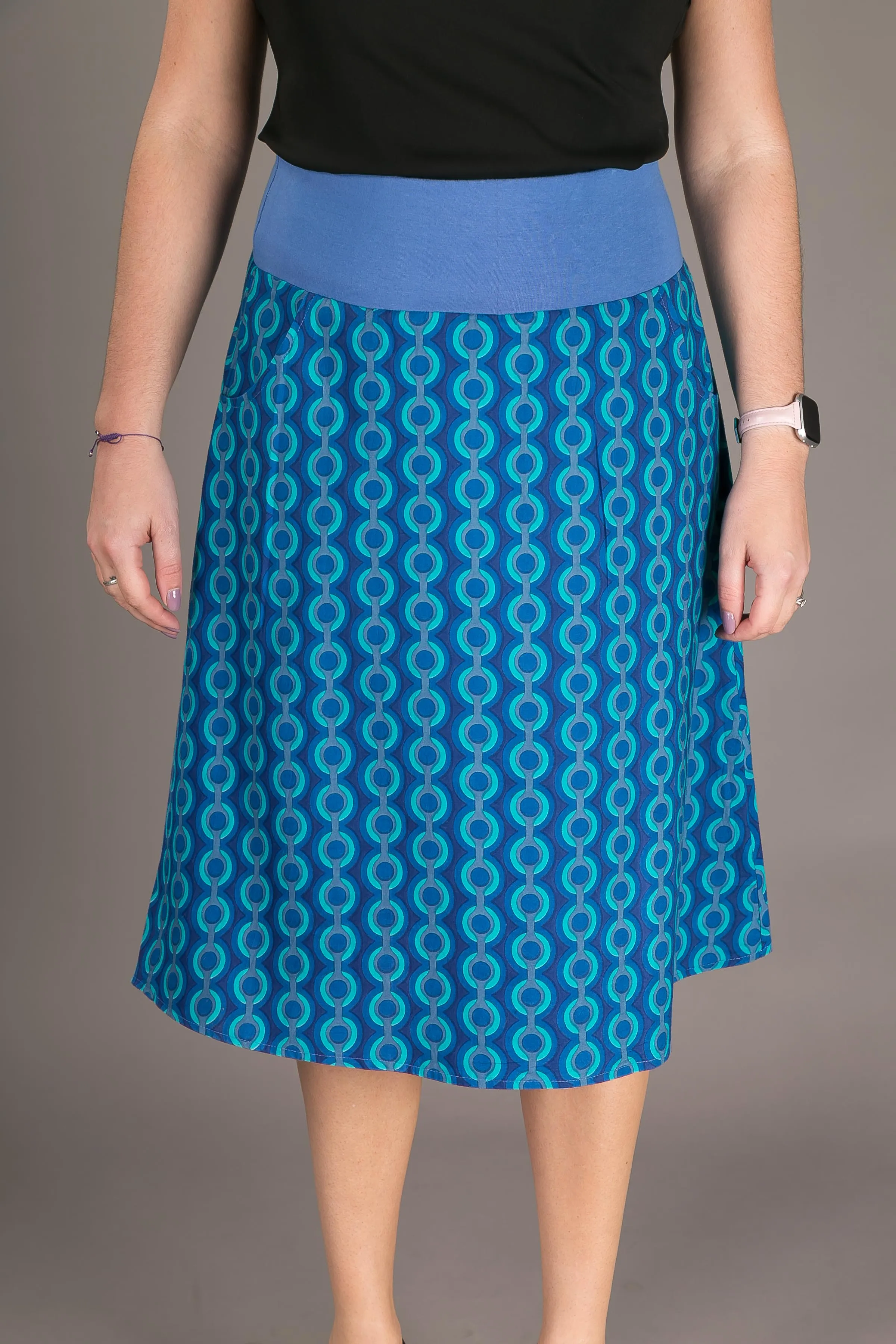 Reversible Midi Skirt Blue Floral Geometric Print with Pockets