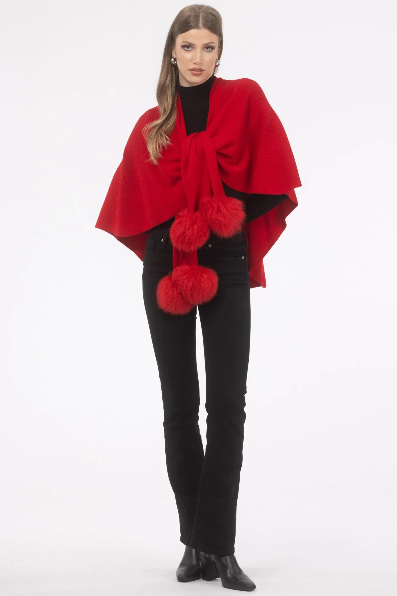 Select Wool Capelet with Select Lamb Poms