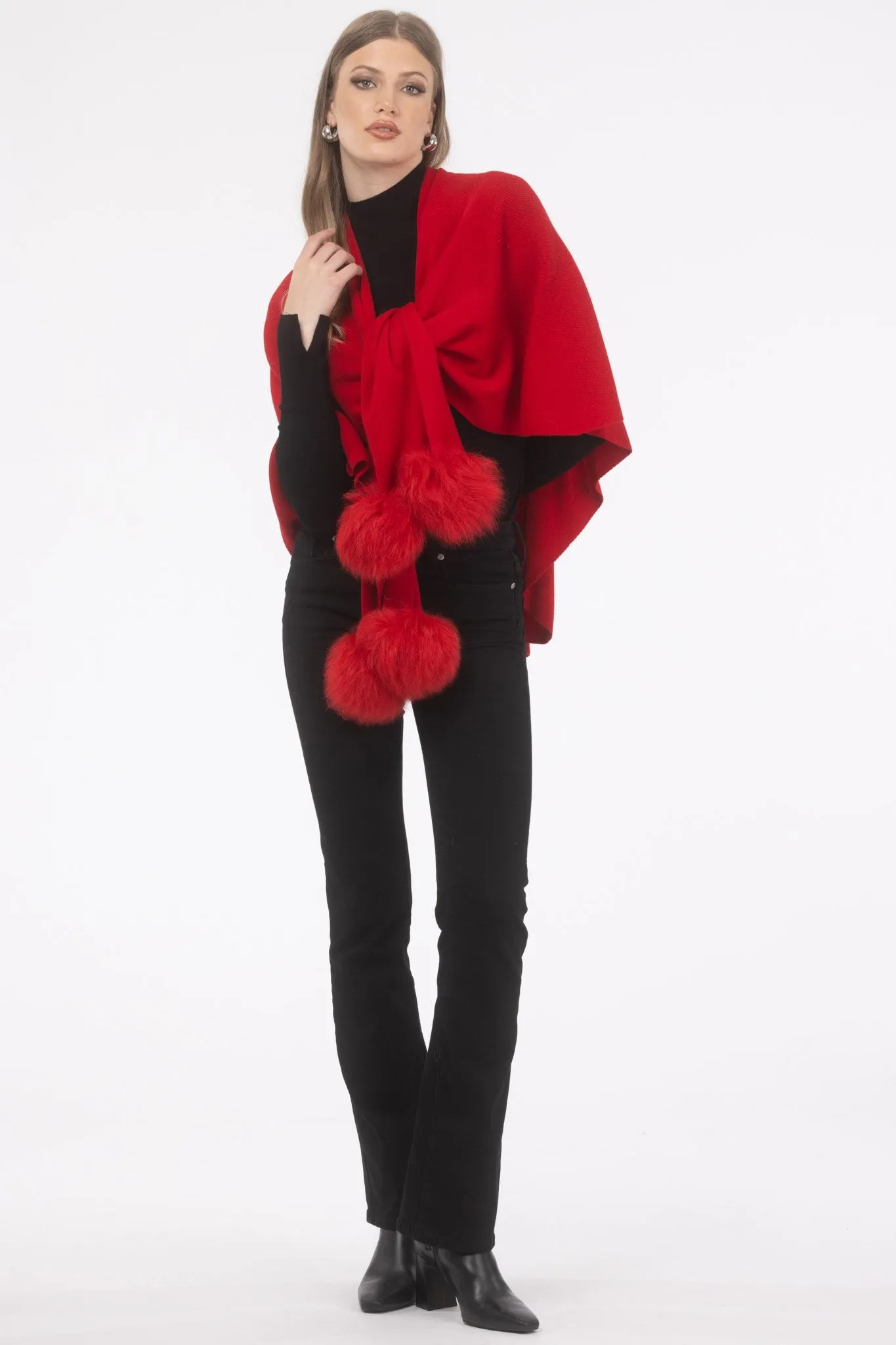 Select Wool Capelet with Select Lamb Poms