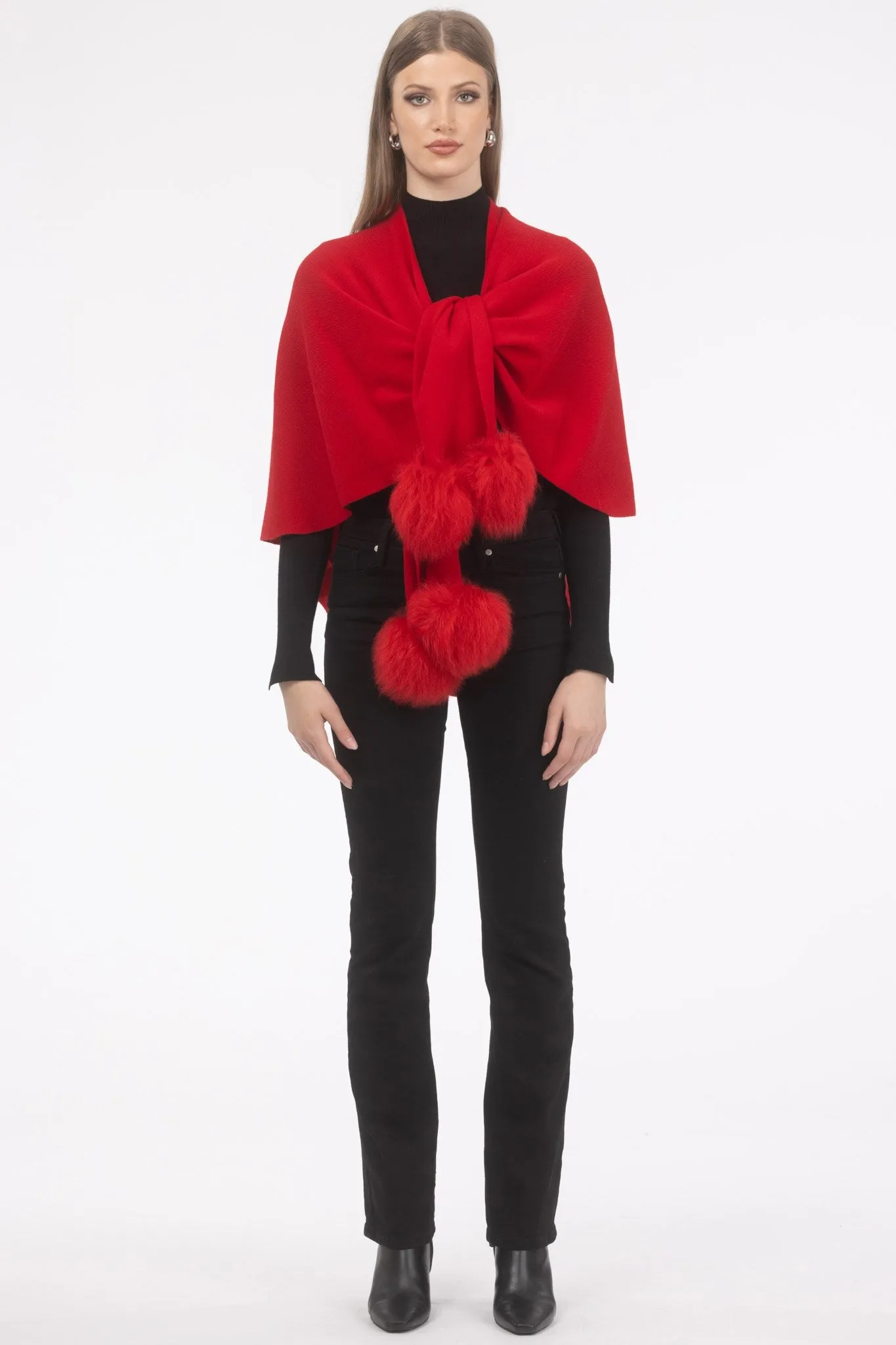 Select Wool Capelet with Select Lamb Poms