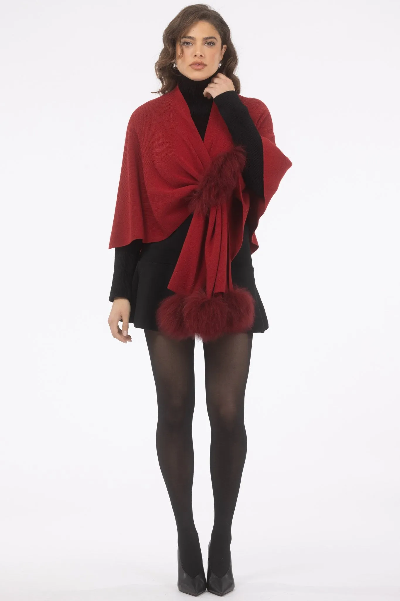 Select Wool Capelet with Select Lamb Poms