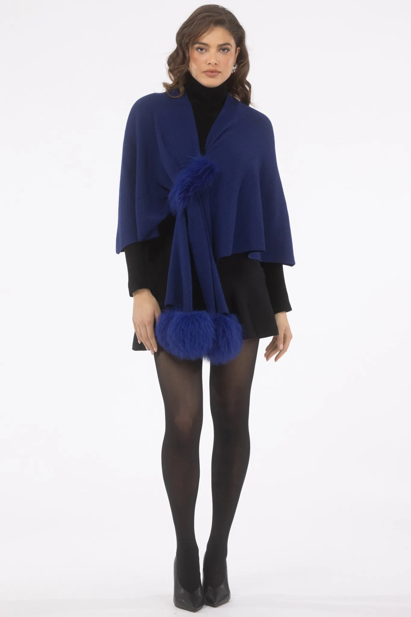 Select Wool Capelet with Select Lamb Poms