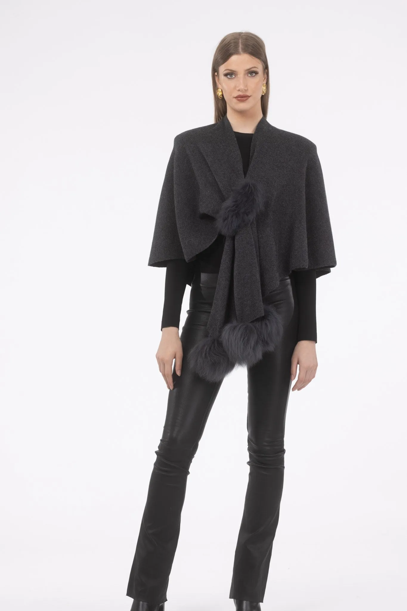 Select Wool Capelet with Select Lamb Poms