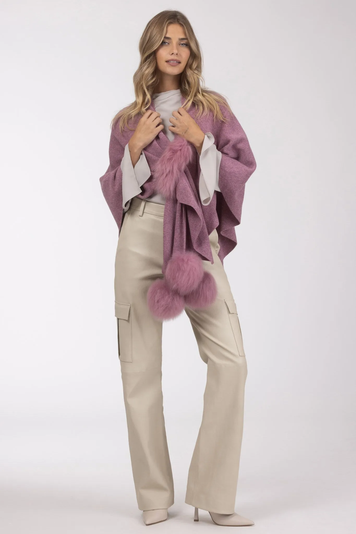 Select Wool Capelet with Select Lamb Poms